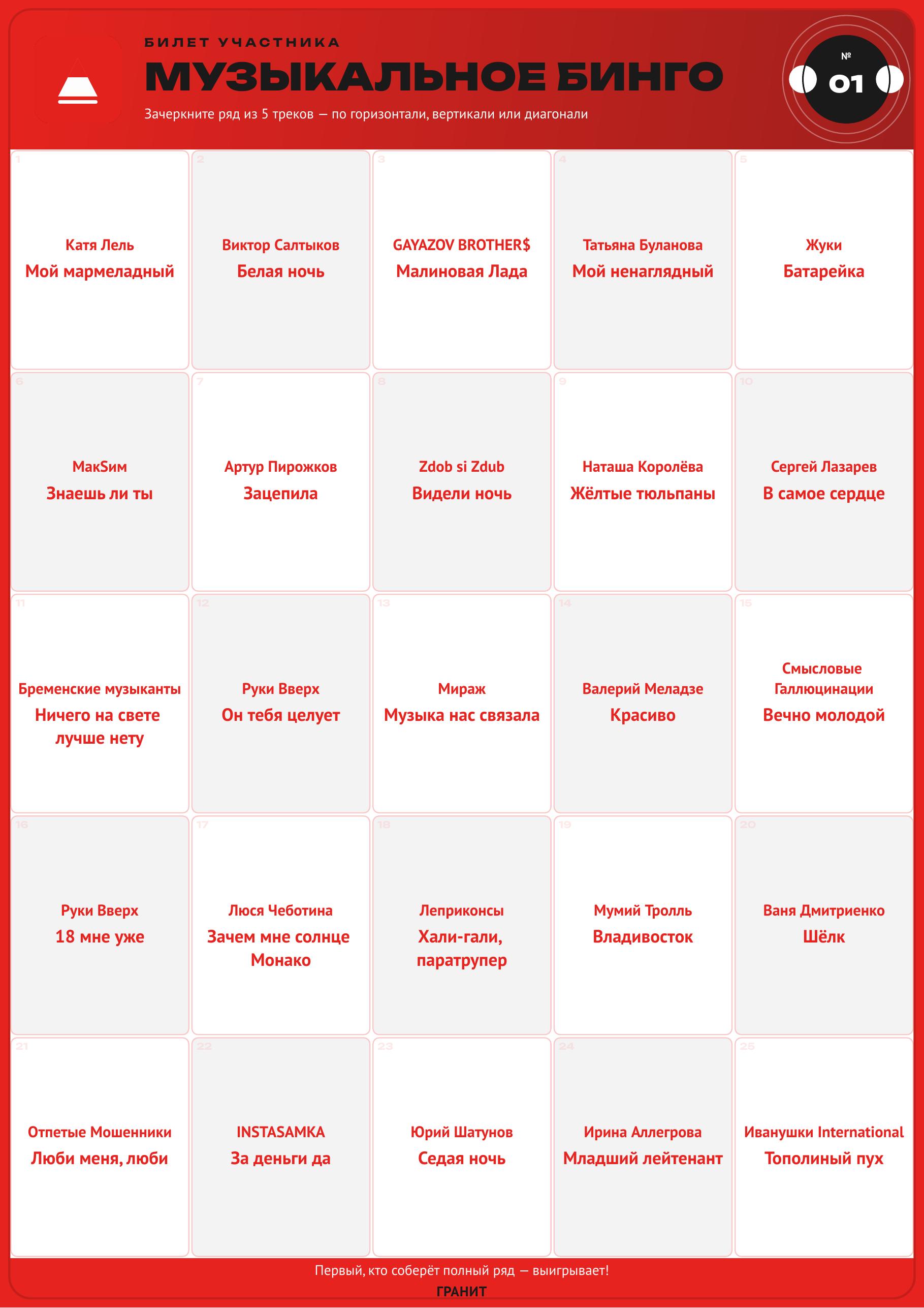 Билет Music Bingo — тот же макет с вымышленным брендом «Гранит», красный логотип и палитра